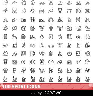 100 Sportsymbole eingestellt. Skizzieren Sie die Darstellung von 100 Vektorbildern für Sport, die isoliert auf weißem Hintergrund gesetzt wurden Stock Vektor