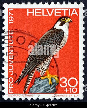 SCHWEIZ - UM 1971: Eine in der Schweiz gedruckte Marke zeigt Peregrine Falcon, Falco Peregrinus, Bird of Prey, um 1971 Stockfoto