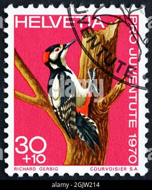 SCHWEIZ - UM 1970: Eine in der Schweiz gedruckte Briefmarke zeigt Großfleckspecht, Dendrocopos Major, Bird, um 1970 Stockfoto