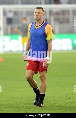 Washington, DC, USA. August 2021. 20210828 - D.C. United Mittelfeldspieler FREDERIC BRILLANT (13) wärmt sich vor dem MLS-Spiel gegen die Philadelphia Union auf dem Audi-Feld in Washington auf. (Bild: © Chuck Myers/ZUMA Press Wire) Stockfoto