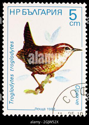 MOSKAU, RUSSLAND - 20. JUNI 2021: In Bulgarien gedruckte Briefmarke zeigt eurasische Wren (Troglodytes troglodytes), Birds (1987) Serie, um 1987 Stockfoto