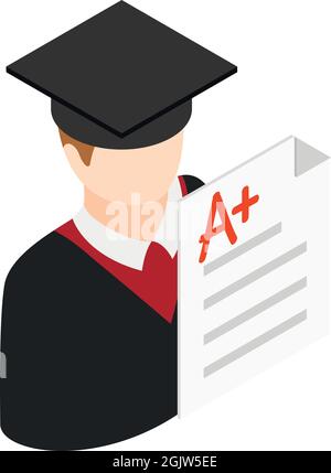 Isometrischer Vektor für University Education-Symbol. Man Student Absolvent und Dokument. Hochschulbildung, Lernkonzept Stock Vektor