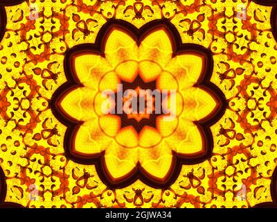 Sonnenblume Kaleidoskop Hintergrund. Schöne gelbe Sonnenblumen nahtloses Muster. Einzigartige Kaleidoskop Mosaik Textur. Sommerzeitblumen-Thema Stockfoto