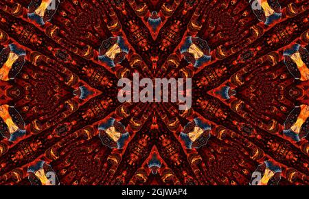 Ingwer-Kaleidoskop. Groovige Tapete. Ginger Wiederhole Batik. Schwarze Geometrische Farbe. Mystischer Psychedelischer Horror. Weißer Geometrischer Teppich. Nahtlose Mystische Wa Stockfoto