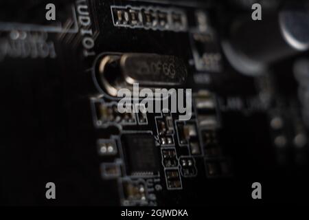 Eine Nahaufnahme der Details auf der mobo- oder Hauptplatine Stockfoto