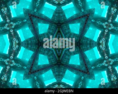 Illustration abstrakte kaleidoskopische Muster in Jadefarbe entstanden aus Foto von grünen Bambusblättern für Fliesen, Tapeten, Textilien oder Stockfoto
