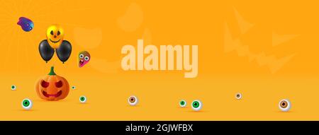 Frohe Halloween. Festlicher Hintergrund mit realistischen 3d-orangefarbenen Kürbissen mit gruseligem Lächeln, Heliumballons und Geistern. Festliches Plakat, Flyer Stock Vektor