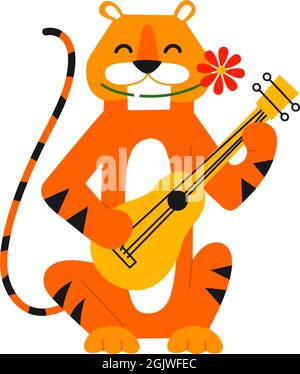 Tiger im Cartoon-Stil. Frohes Neues Jahr 2022. Chinesisches Horoskop. Vektor-isolierte Illustration. Netter Charakter spielt die Gitarre. Musik und Musical Stock Vektor