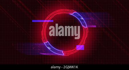 Futuristischer Kreis im Cyberpunk-Stil mit Glitch-Effekt. Kreis mit roten Cyberpunk-Elementen und blauem hud-Neon-Hologramm-Effekt. Gut für Design-Banner Stock Vektor