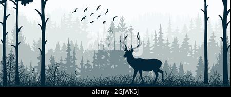 Horizontales Banner von Wald und Wiese, Silhouetten von Bäumen und Gras. Magische neblige Landschaft, Nebel. Blaue und graue Abbildung. Lesezeichen. Stock Vektor