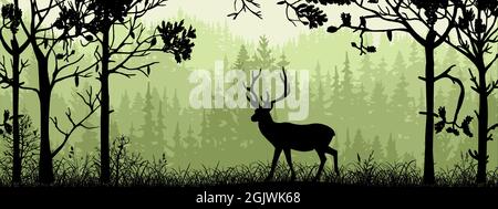 Horizontales Banner. Silhouette eines Hirsches, der auf der Wiese im Wald steht. Silhouette von Tier, Bäumen, Gras. Magische neblige Landschaft, Nebel. Grün, schwarz il Stock Vektor