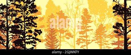 Horizontales Banner von Wald Hintergrund, Silhouetten von Bäumen. Magische neblige Landschaft, Nebel. Gelbe und orangefarbene Abbildung. Lesezeichen. Stock Vektor