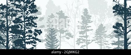 Horizontales Banner von Wald Hintergrund, Silhouetten von Bäumen. Magische neblige Landschaft, Nebel. Blaue und graue Abbildung. Lesezeichen. Stock Vektor