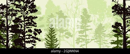 Horizontales Banner von Wald Hintergrund, Silhouetten von Bäumen. Magische neblige Landschaft, Nebel. Schwarze und grüne Abbildung. Lesezeichen. Stock Vektor