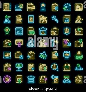 Symbole mieten. Skizzieren Satz von Miete Vektor-Icons Neonfarbe auf schwarz Stock Vektor