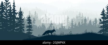 Horizontales Banner. Silhouette des Fuchses, der auf der Wiese im Wald steht. Silhouette von Tier, Bäumen, Gras. Magische neblige Landschaft, Nebel. Blau und grau il Stock Vektor