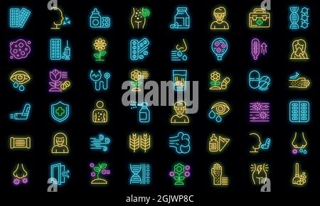 Saisonale Allergiesymbole eingestellt. Skizzieren Sie Set von saisonalen Allergie-Vektor-Symbole Neonfarbe auf schwarz Stock Vektor
