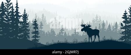 Horizontales Banner. Silhouette eines Elches, der auf einer Wiese im Wald steht. Silhouette von Tier, Bäumen, Gras. Magische neblige Landschaft, Nebel. Blau und grau Stock Vektor