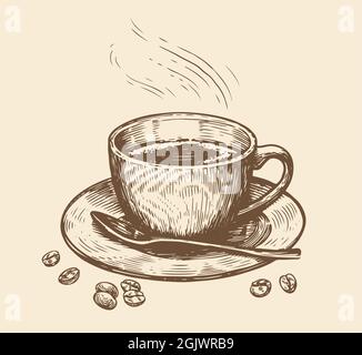 Tasse Kaffee Skizze. Vintage-Vektorgrafik. Menügestaltung für Café und Restaurant Stock Vektor
