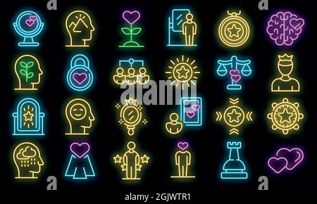 Symbole für Selbstwertgefühl eingestellt. Umreißen Satz von Selbstwertgefühl Vektor-Symbole Neonfarbe auf schwarz Stock Vektor