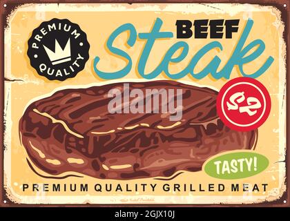 Beef Steak Vintage Schild mit gegrilltem Fleischhacken und grunge getragen Hintergrund. Werbung für die Speisekarte im Restaurant. Stock Vektor