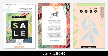 Kollektion von saisonalen Werbebannern und Postern. Florale Einbände, Seiten, Dokumentvorlagen Vektor-Set. Design der Modebroschüre im Frühling und Sommer. Stock Vektor