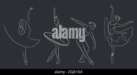 Set Mit Balletttänzern. Continuous Line Art. Sammlung von Ballerinas in anmutigen Haltungen, mit spitzenschuhen und Tutu. Premium Vector Stock Vektor