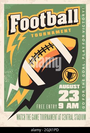 American Football Retro-Poster-Vorlage für lokale Turniere mit Rugby-Ball, Pokal und Flash-Speed-Trails und Dondern. Sport und Erholung. Stock Vektor