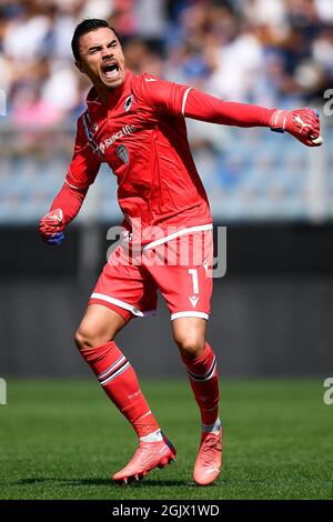 Genua, Italien. 12. September 2021. Emil Audero von der UC Sampdoria feiert während der Serie A ein Fußballspiel zwischen der UC Sampdoria und dem FC Internazionale. Kredit: Nicolò Campo/Alamy Live Nachrichten Stockfoto
