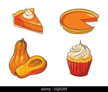 Herbst Urlaub Kürbis Geschirr Kollektion. Thanksgiving Food Set. Frische reife Kürbisse und Kürbiskuchen Illustration für Aufkleber, Einladung, Menü und Grußkarten Dekoration. Premium Vector Stock Vektor