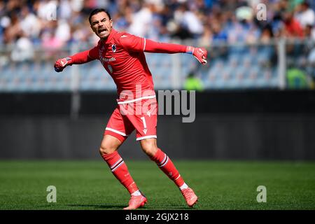 Genua, Italien. 12. September 2021. Emil Audero von der UC Sampdoria feiert während der Serie A ein Fußballspiel zwischen der UC Sampdoria und dem FC Internazionale. Kredit: Nicolò Campo/Alamy Live Nachrichten Stockfoto