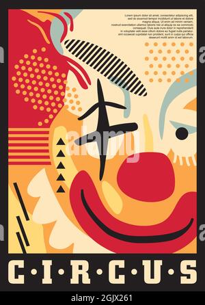 Zirkus künstlerisches Posterdesign mit Clown-Portrait. Abstrakte Grafik für Zirkusvorstellung. Moderne zeitgenössische Vektor Clown Illustration Stock Vektor