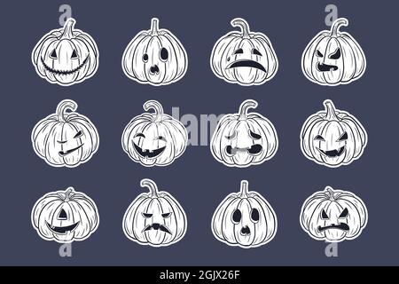 Halloween Scary Kürbisse mit Gesichtern Aufkleber Set. Sammlung von Kürbis Jack Laterne Illustrationen für Herbstferien Grußkarten, Einladungen, Verpackungsdesign, Dekoration. Premium Vector Stock Vektor