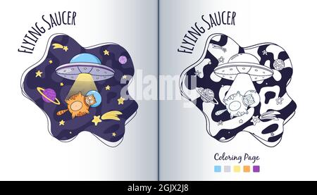 UFO und Cat Astronaut im Weltraum Coloring Page. Fliegende Untertasse und Raumfahrer Tier in Stars. Cartoon-Stil. Abbildung von Raumfahrzeugen und kosmischen Katzenkindern. Premium Vector Stock Vektor