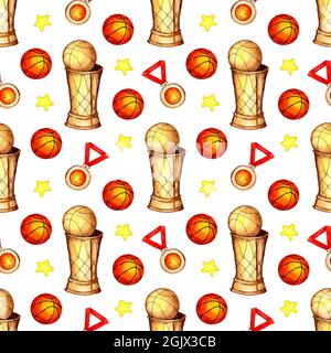 Aquarell Illustration Muster von Basketball-Ball, Tasse, Medaille und Sterne. Nahtloser Sport-Repeating-Druck geeignet für Tapeten, Bezüge, Umschläge, p Stockfoto