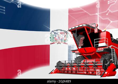 Landwirtschaft Innovation Konzept, Red Advanced Farm Mähdrescher auf Dominikanische Republik Flagge - digitale industrielle 3D-Illustration Stockfoto