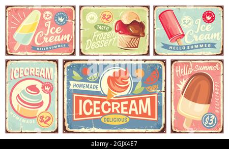 Eis und Sommerdesserts Vintage Blechschilder Kollektion. Retro-Schilder mit Eis und gefrorenen Desserts. Süße Lebensmittel, Milchprodukte und Obstprodukte Stock Vektor