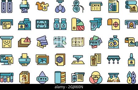 Symbole für Digitaldruck eingestellt. Kontursatz von Vektorsymbolen für Digitaldruck dünne Linienfarbe flach isoliert auf Weiß Stock Vektor