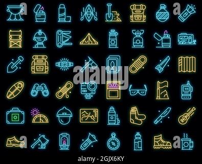Ausrüstung für Wander Icons Set. Skizzieren Sie Set von Ausrüstung für Wanderung Vektor-Icons Neonfarbe auf schwarz Stock Vektor