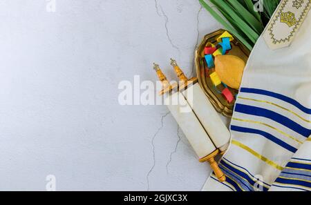 Jüdische Feiertag Sukkot traditionelle Symbole vier Arten Etrog lulav hadas arava Stockfoto