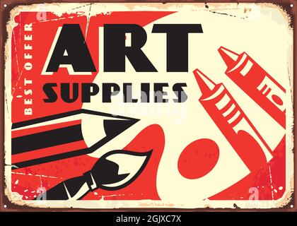 Kunst liefert Retro-Werbedesign. Altes Schild mit Zeichenausrüstung, Bleistiften, Buntstiften, Schmerzpinsel und Farbpalette. Vektorgrafik Stock Vektor