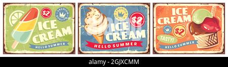 Eiscreme-Set mit Retro-Schildern. Süßes Essen im Retro-Design. Vector Vintage-Poster Stock Vektor