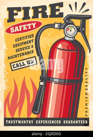 Retro-Poster für Brandschutzausrüstung. Abbildung des Schildes für Feuerlöscher. Vektor-Sicherheitsbild-Konzept. Stock Vektor