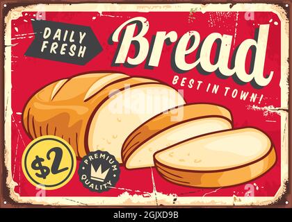 Brot täglich frisches, horizontales Poster im Retro-Stil. Vintage-Schild mit Brotscheiben. Bäckerei Schild Board Vektor-Layout. Stock Vektor