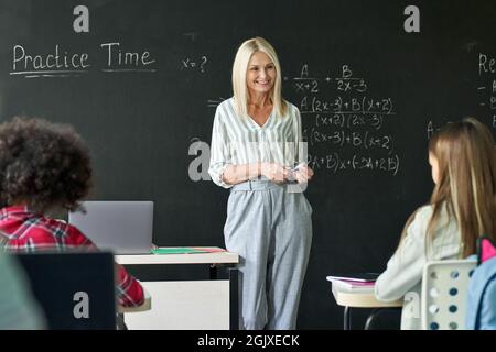 Lächelnder junger Lehrer, der Mathematik-Unterricht an der Tafel hat. Stockfoto