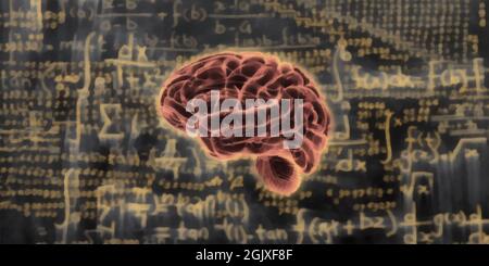 Gehirne auf einem dunklen Hintergrund mathematischer Formeln. Tafel mit Formeln und Berechnungen. Künstlerische Arbeit Stockfoto