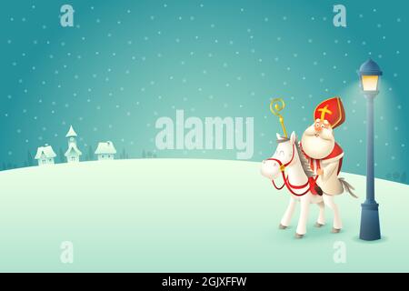 Der heilige Nikolaus - Sinterklaas mit seinem Pferd kommt in der Winternacht in die Stadt Stock Vektor