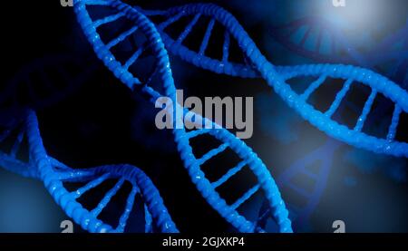 Blaue Partikel dna-Helix mit dunklem Hintergrund als Konzept der Wissenschaft, Biologie, Genetik, Medizin und Biotechnologie. 3d-Rendering . 3D rendern Stockfoto