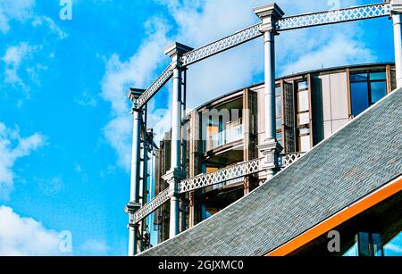 Gasholders Luxus-Apartmentgebäude in der Coal Drops Yard Entwicklung in Kings Cross, London. Stockfoto