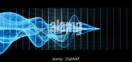Abstrakte Visualisierung von Schallwellen mit unterschiedlicher Frequenz oder Wellenlänge, helle leuchtende Farben vor schwarzem Hintergrund, Wissenschaftsforschungskonzept Stockfoto